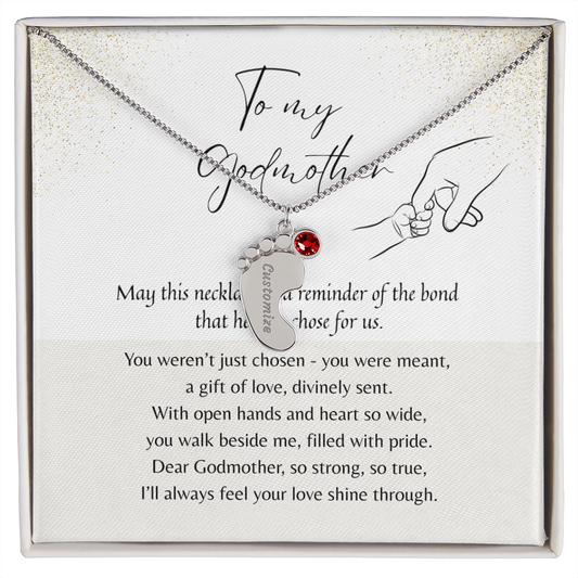 Personalized Engraved Baby Feet Necklace with Birthstone for Godmother Thank You – meaningful jewelry gift in stainless steel or 18k yellow gold