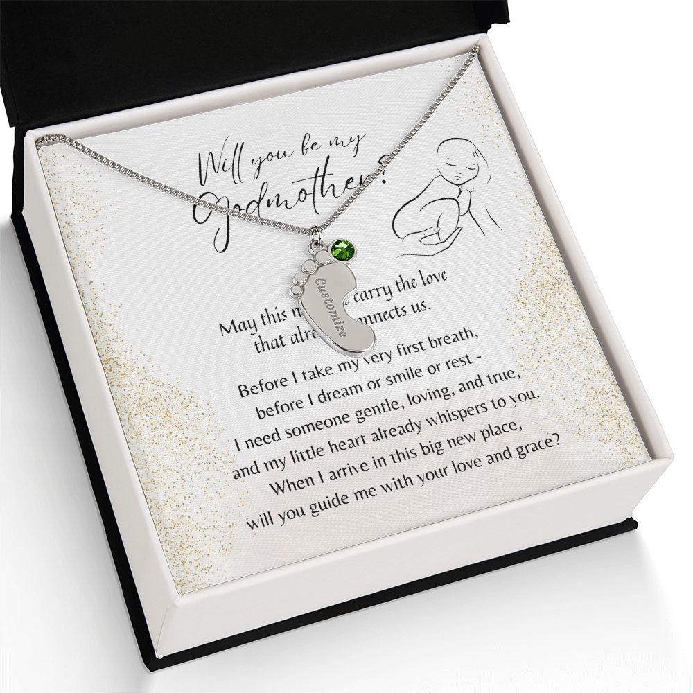 Personalized Engraved Baby Feet Necklace with Birthstone for Godmother Proposal – Meaningful gift in stainless steel or 18K yellow gold fini