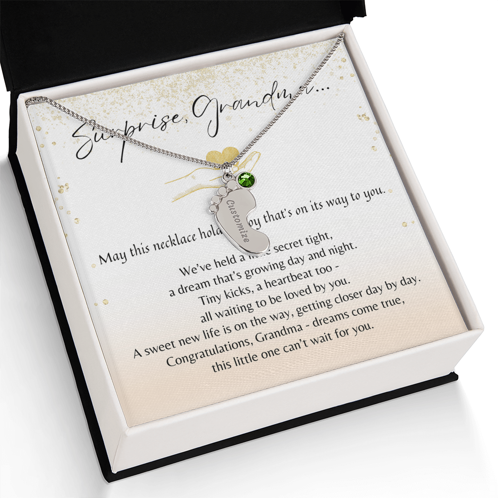 Personalized Engraved Baby Feet Necklace with Birthstone for Grandma-to-Be (1–4 Charms) – A Meaningful Pregnancy Announcement Gift for Grandma-to-Be | Stainless displayed in gift box with poem card and green charm