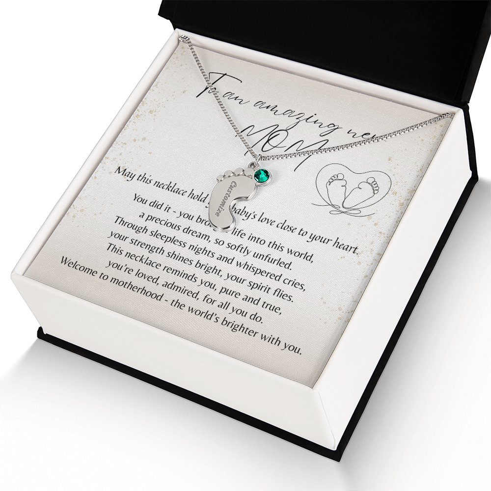 Personalized Engraved Baby Feet Necklace with Birthstone for New Mom – A Meaningful Gift for a New Mom | Stainless Steel or 18k Yellow Gold Finish displayed in gift box with poem card