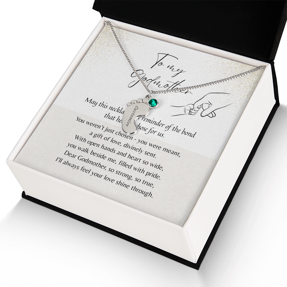 Personalized Engraved Baby Feet Necklace with Birthstone for Godmother Thank You – A Meaningful Thank You Gift for Godmother | Stainless Steel or 18k Yellow Gol