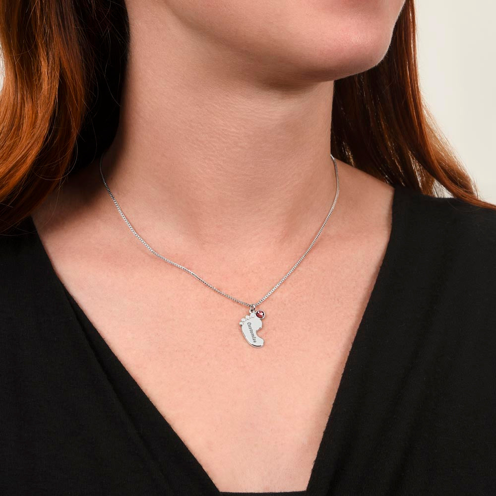 Personalized Engraved Baby Feet Necklace with Birthstone for New Mom – A Meaningful Gift for a New Mom | Stainless Steel or 18k Yellow Gold Finish worn on woman