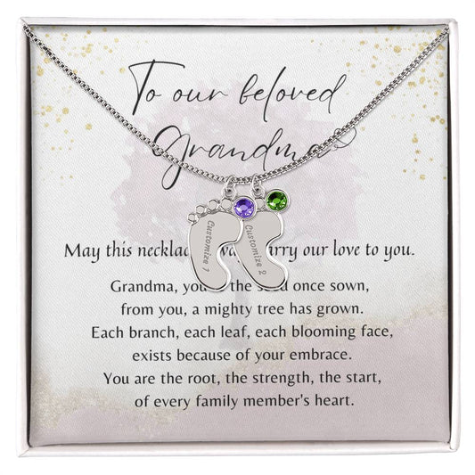 Personalized Engraved Baby Feet Necklace with Birthstone for Grandma (2-4 Charms) – Meaningful jewelry in stainless steel or gold finish