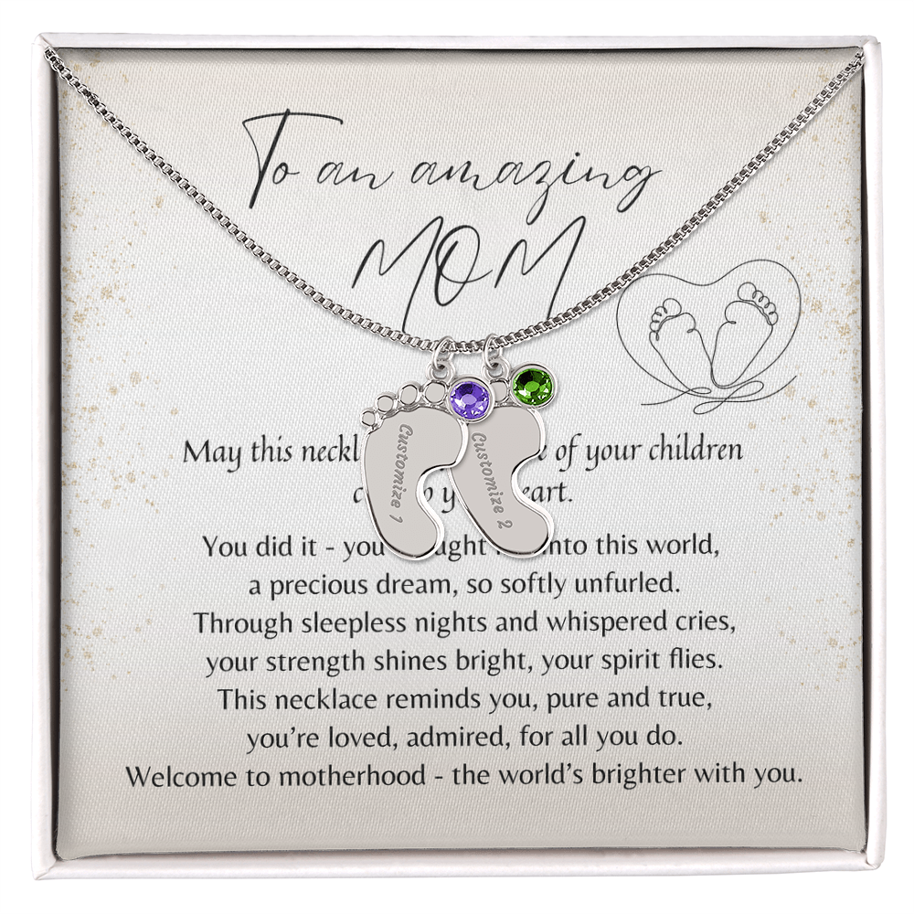 Personalized Engraved Baby Feet Necklace with Birthstone for New Mom (2-4 Charms) – meaningful gift in stainless steel or 18k gold finish