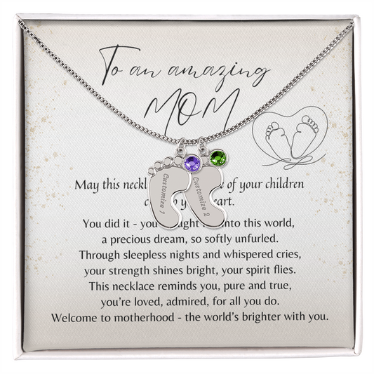 Personalized Engraved Baby Feet Necklace with Birthstone for New Mom (2-4 Charms) – meaningful gift in stainless steel or 18k gold finish