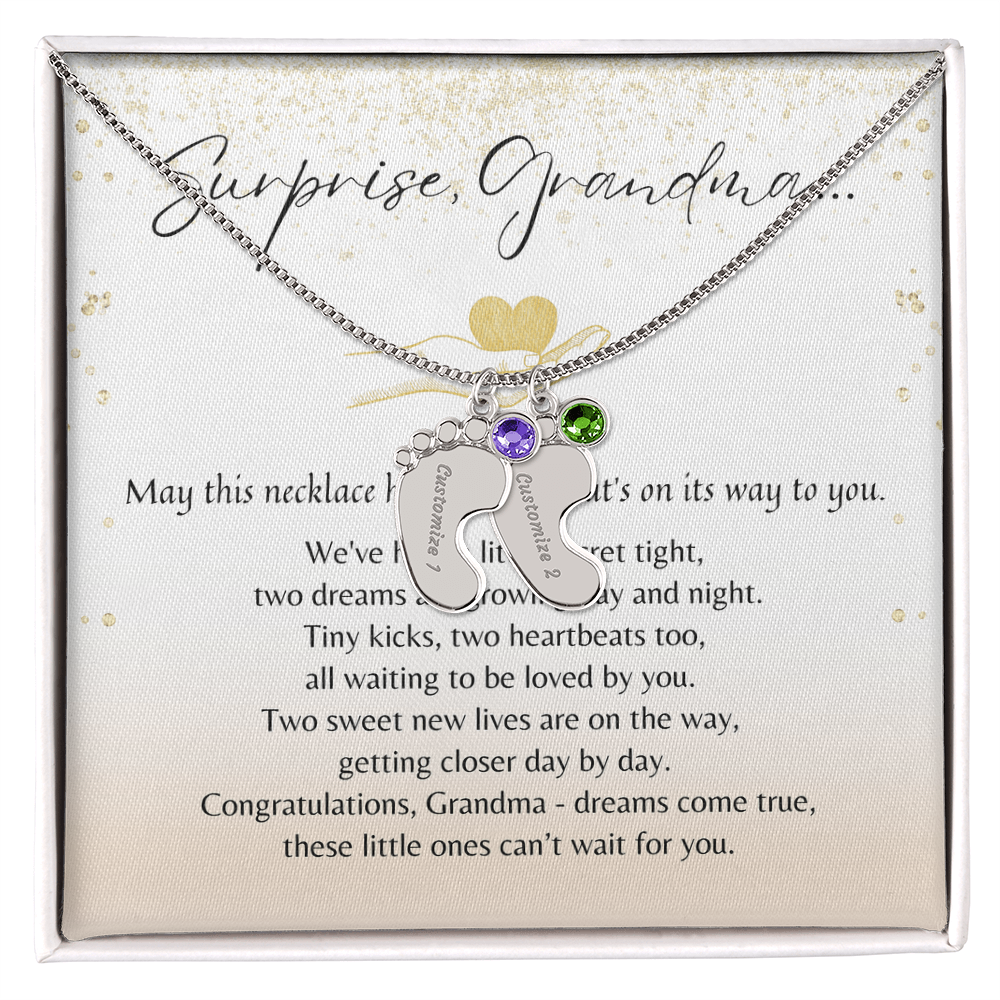 Personalized Engraved Baby Feet Necklace with Birthstone for Grandma-to-Be (2 Charms – Twins Edition) – meaningful gift in gift box with poem