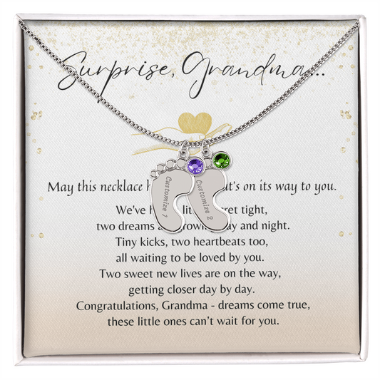 Personalized Engraved Baby Feet Necklace with Birthstone for Grandma-to-Be (2 Charms – Twins Edition) – meaningful gift in gift box with poem