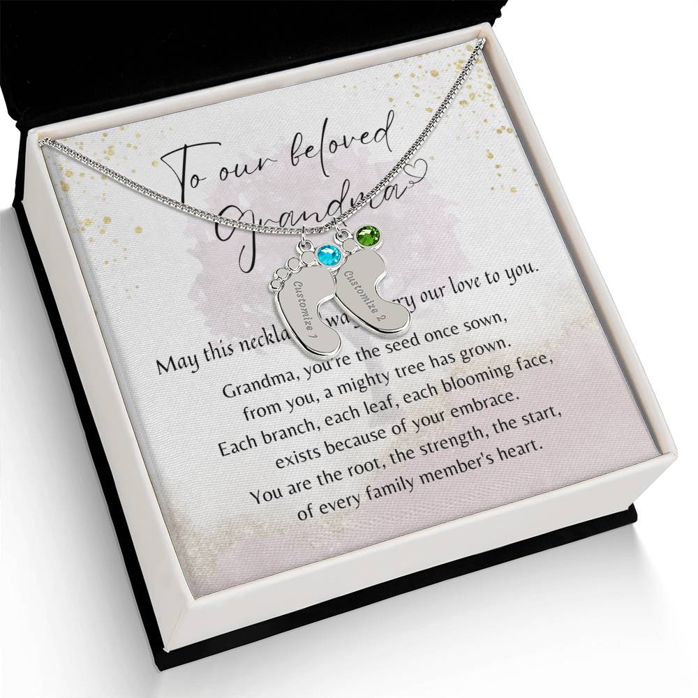 Personalized Engraved Baby Feet Necklace with Birthstone for Grandma (2-4 Charms) – A Meaningful Gift for Grandma | Stainless Steel or 18K Yellow Gold Finish in gift box with poem card