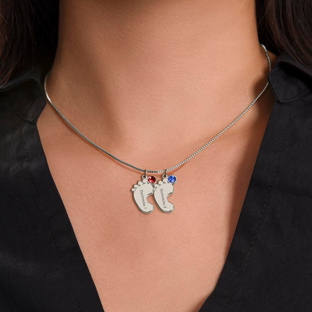 Personalized Engraved Baby Feet Necklace with Birthstone for Grandma-to-Be (2 Charms – Twins Edition) – meaningful jewelry gift worn on neck