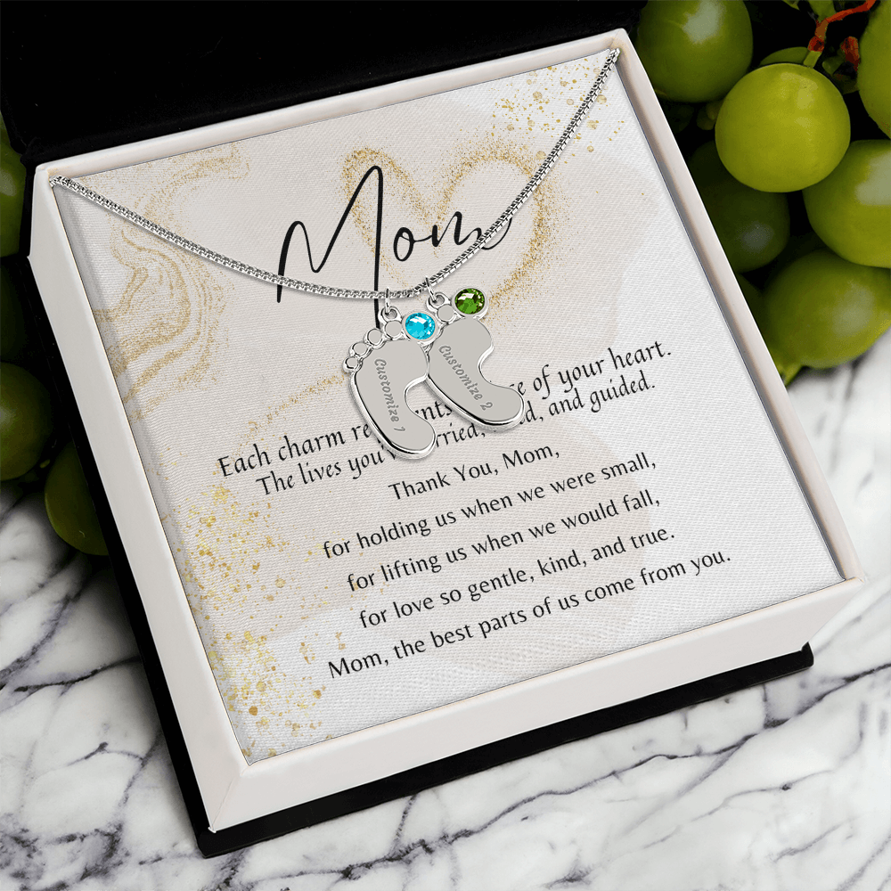 Personalized Engraved Baby Feet Necklace with Birthstone for Mom – A Meaningful Gift of Love | silver finish with custom engraving in gift box