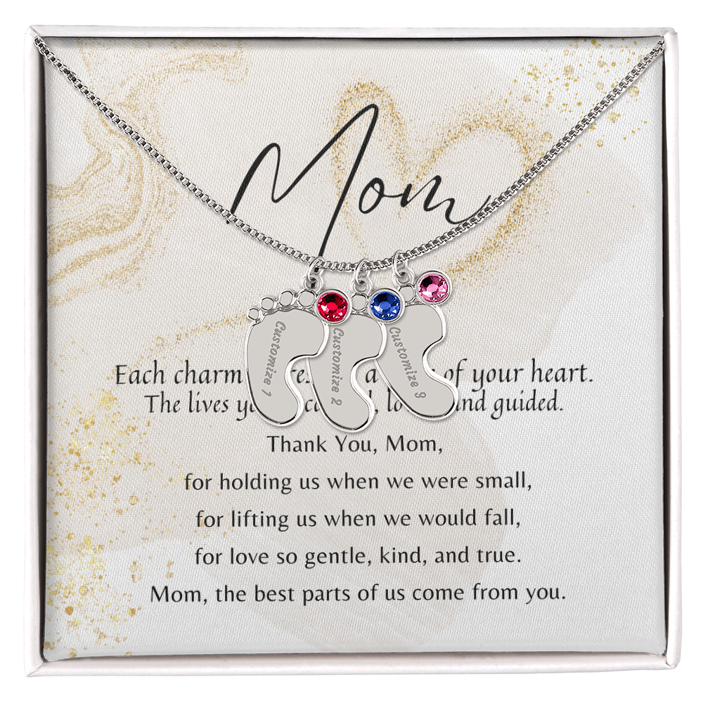 Personalized Engraved Baby Feet Necklace with Birthstone for Mom – meaningful jewelry gift in stainless steel or 18k yellow gold finish