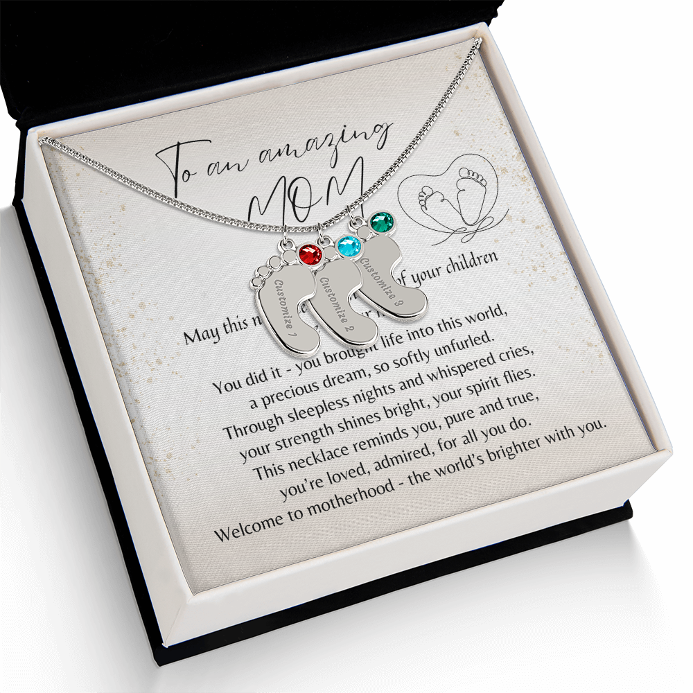 Personalized Engraved Baby Feet Necklace with Birthstone for New Mom (2-4 Charms) – A Meaningful Gift for a New Mom | Stainless Steel or 18k Yellow Gold Finish displayed in gift box with poem card