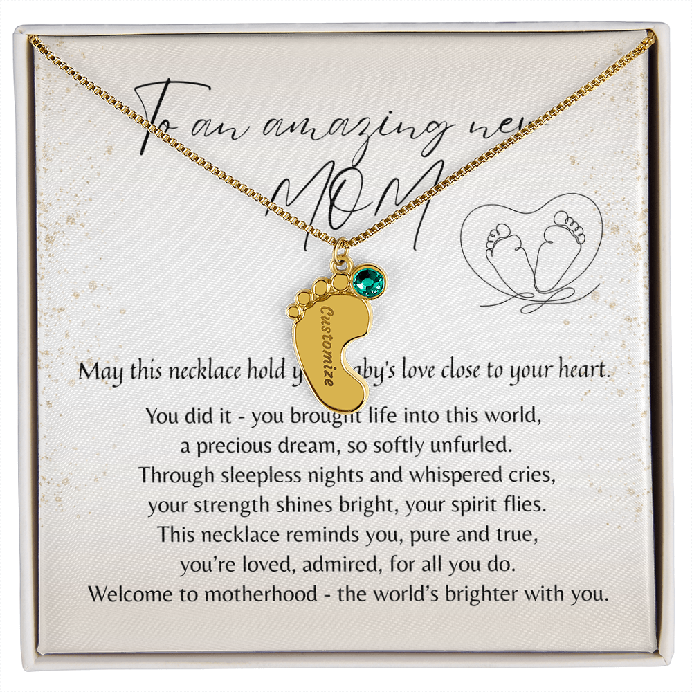 Personalized Engraved Baby Feet Necklace with Birthstone for New Mom – A Meaningful Gift for a New Mom | Stainless Steel or 18k Yellow Gold Finish