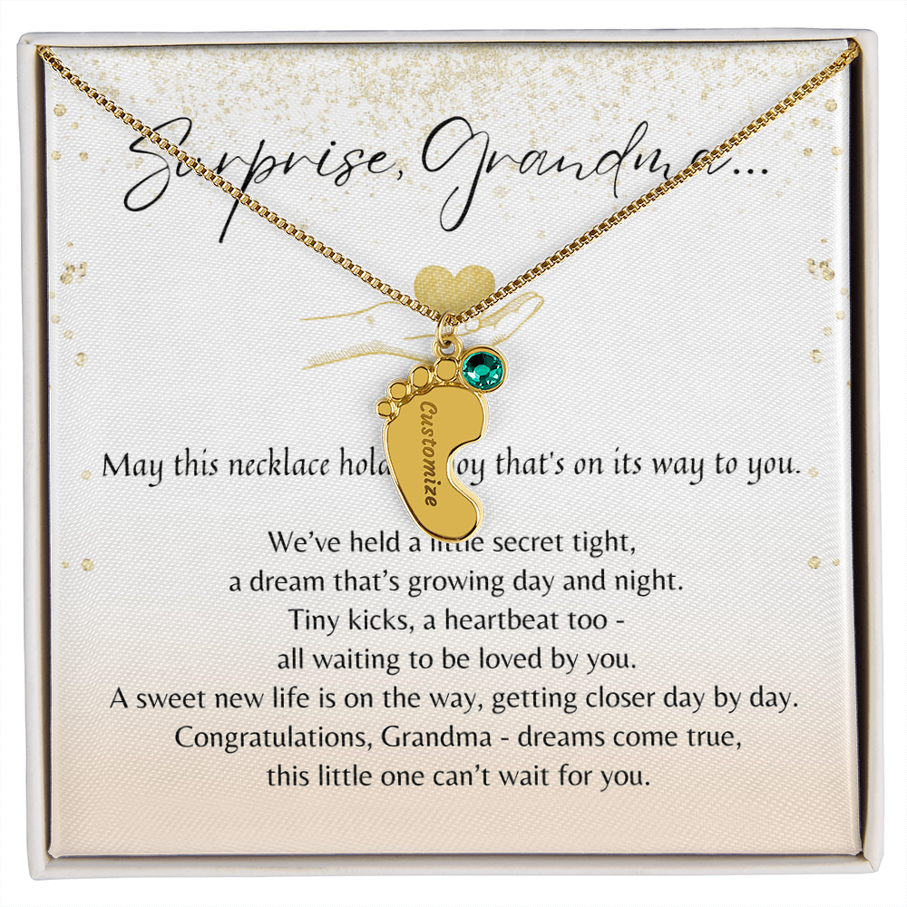 Personalized Engraved Baby Feet Necklace with Birthstone for Grandma-to-Be (1–4 Charms) – A Meaningful Pregnancy Announcement Gift for Grandma-to-Be | Stainless displayed with poem and gift box