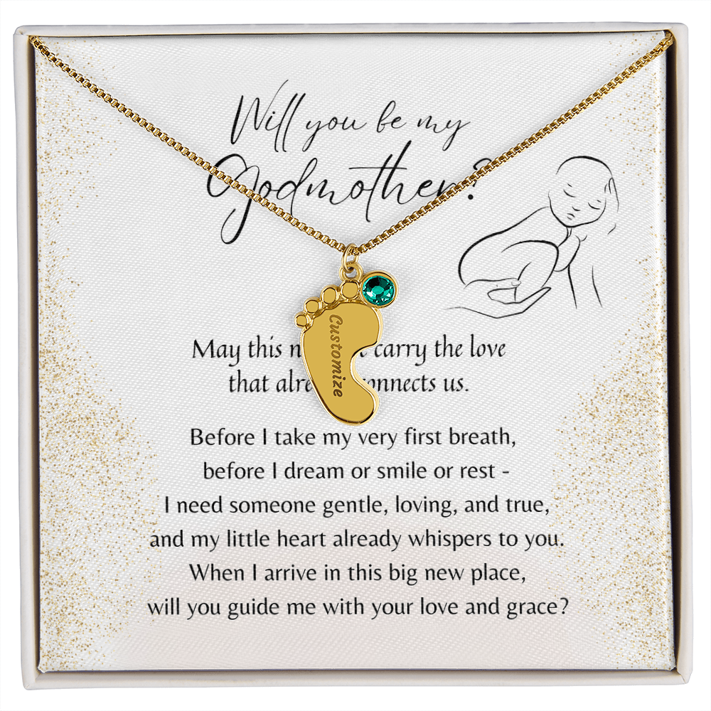 Personalized Engraved Baby Feet Necklace with Birthstone for Godmother Proposal – A Meaningful Godmother Proposal Gift | Stainless Steel or 18K Yellow Gold Fini displayed in gift box with poetic message card