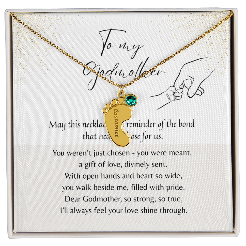 Personalized Engraved Baby Feet Necklace with Birthstone for Godmother Thank You – meaningful gift in stainless steel or 18k yellow gol