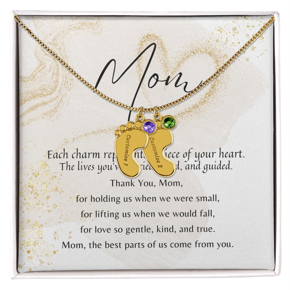 Personalized Engraved Baby Feet Necklace with Birthstone for Mom – meaningful gift in gold finish with heartfelt message card