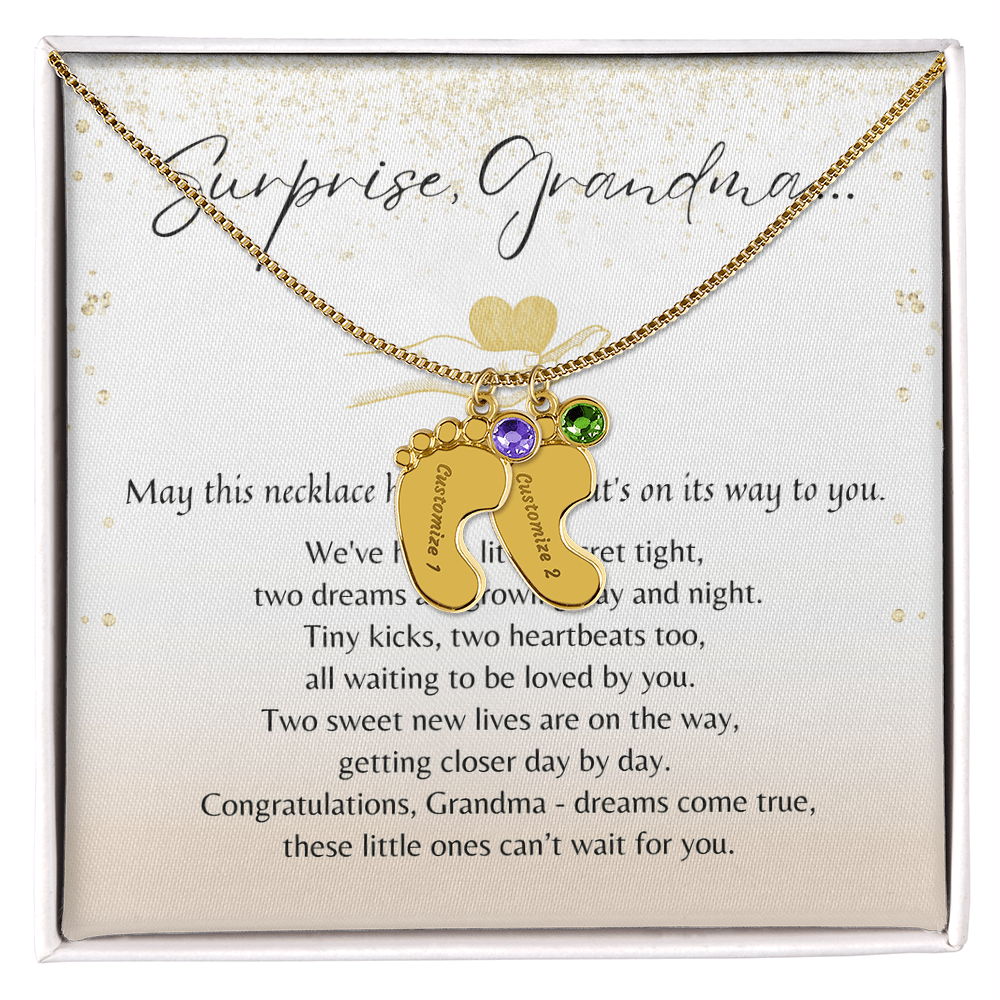 Personalized Engraved Baby Feet Necklace with Birthstone for Grandma-to-Be (2 Charms – Twins Edition) – meaningful jewelry gift in gift box with poem