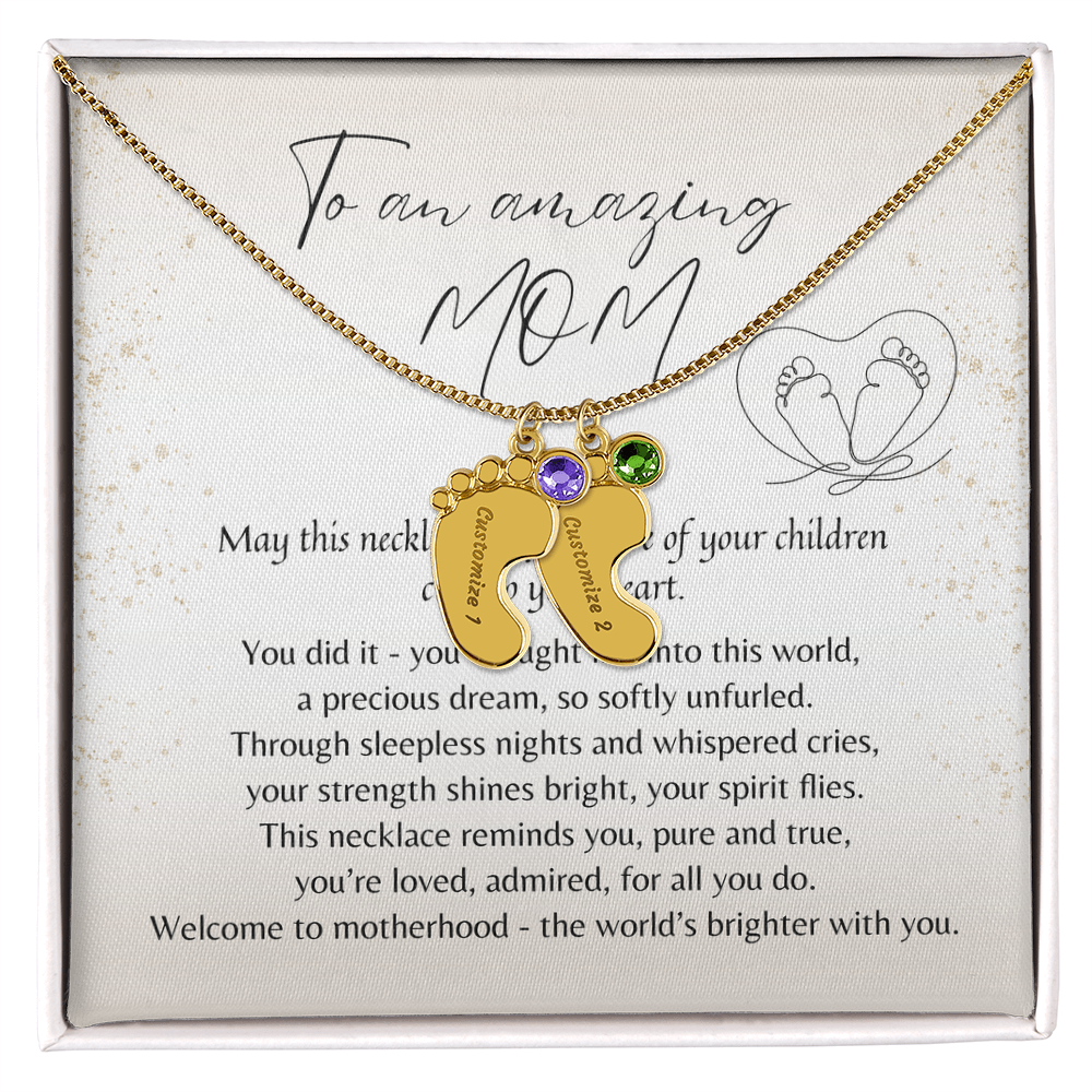 Personalized Engraved Baby Feet Necklace with Birthstone for New Mom (2-4 Charms) – meaningful gift in gold or stainless steel finish