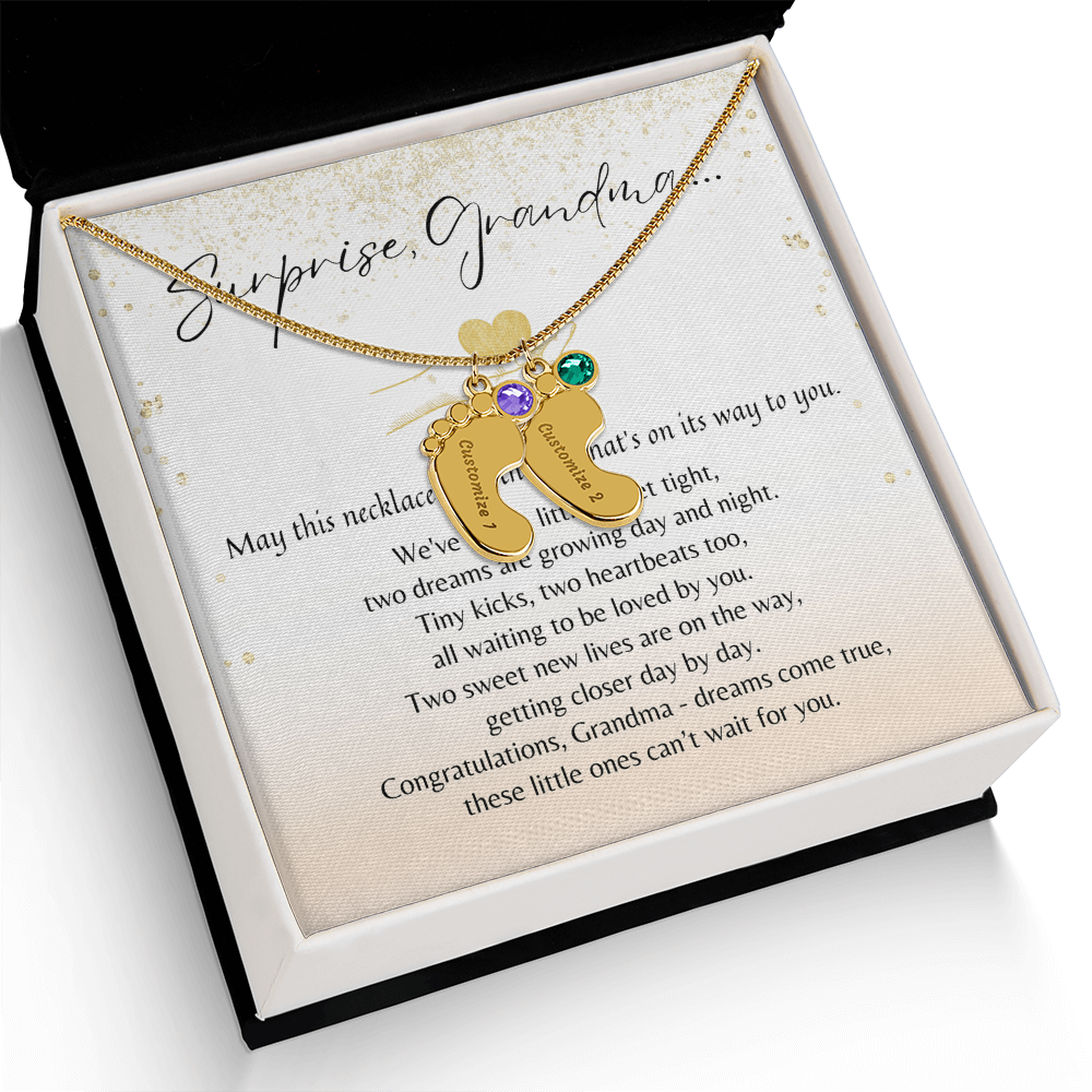 Personalized Engraved Baby Feet Necklace with Birthstone for Grandma-to-Be (2 Charms – Twins Edition) – meaningful jewelry gift in gift box