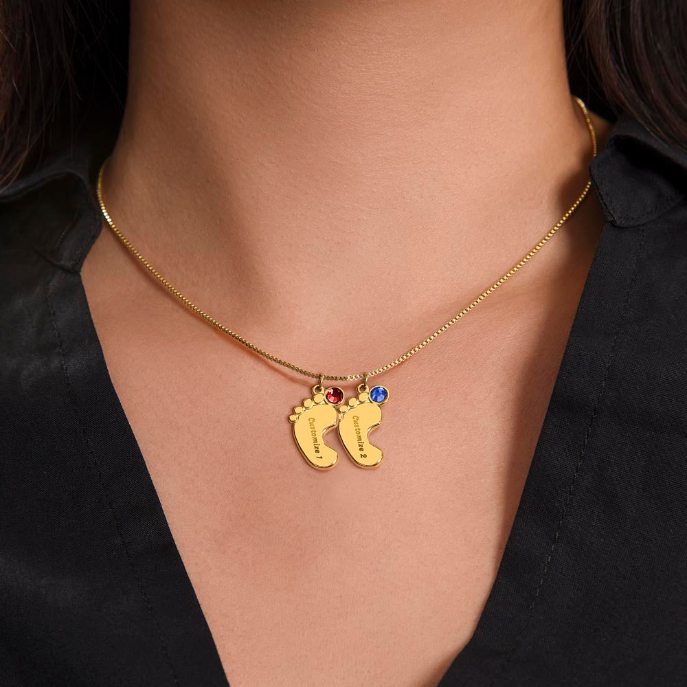 Personalized Engraved Baby Feet Necklace with Birthstone for Mom – A Meaningful Gift of Love | gold finish custom jewelry worn on model