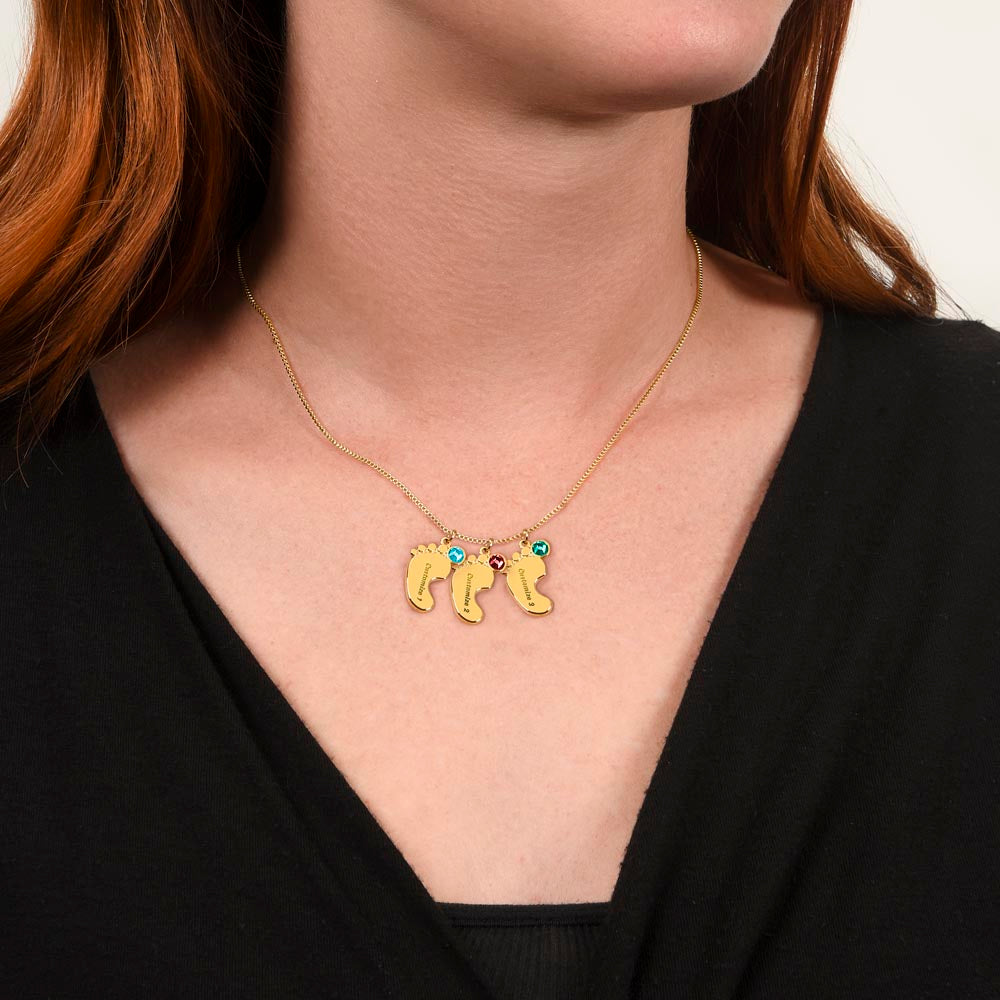 Personalized Engraved Baby Feet Necklace with Birthstone for Grandma (2-4 Charms) – meaningful jewelry in gold finish worn on model