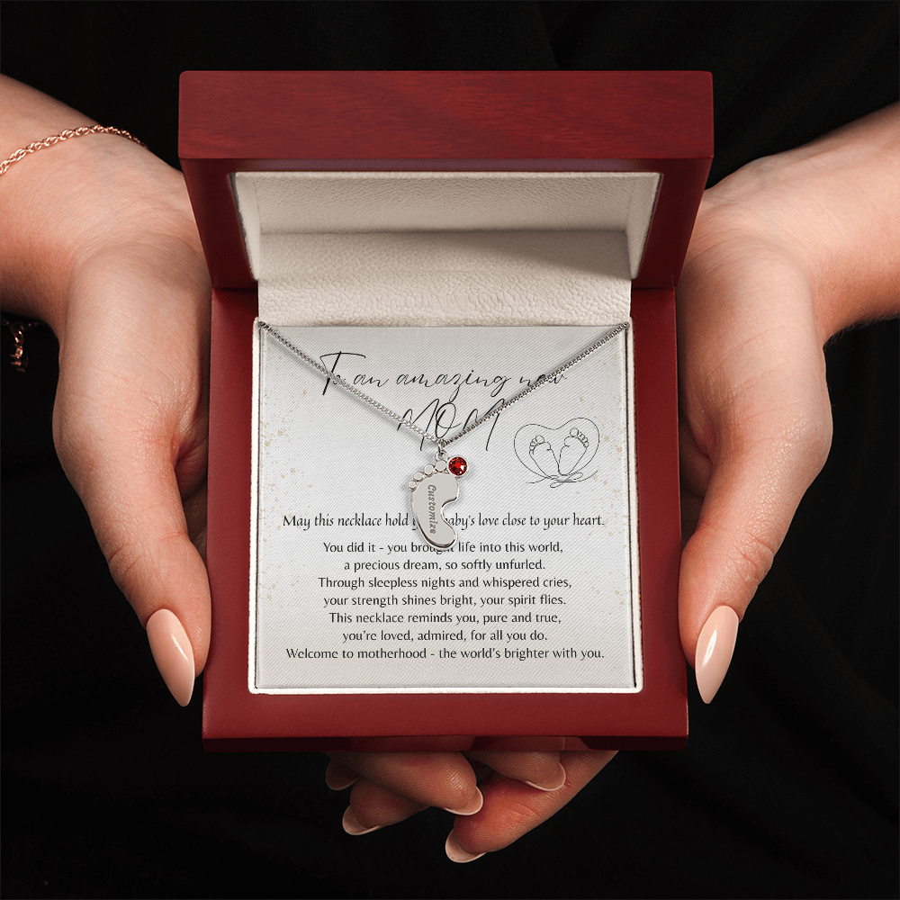 Personalized Engraved Baby Feet Necklace with Birthstone for New Mom – A Meaningful Gift for a New Mom | Stainless Steel or 18k Yellow Gold Finish in gift box with poem card