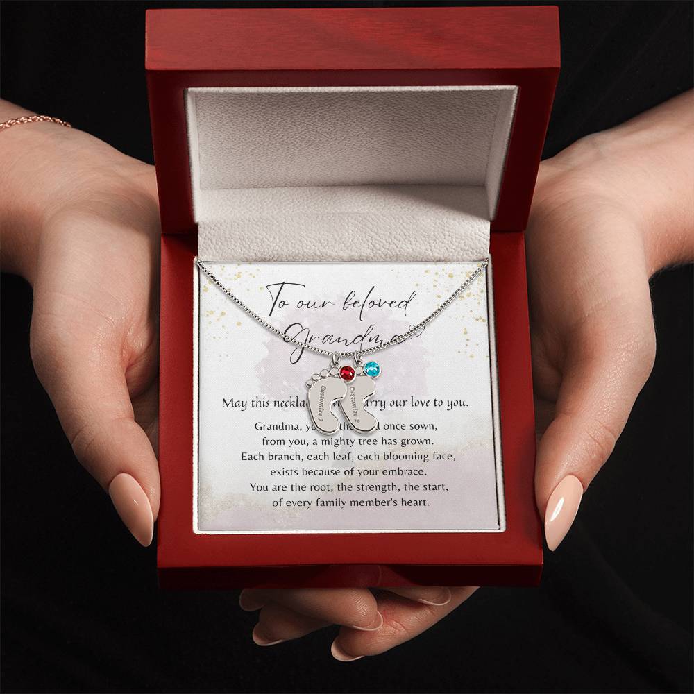Personalized Engraved Baby Feet Necklace with Birthstone for Grandma (2-4 Charms) – A Meaningful Gift for Grandma | Stainless Steel or 18K Yellow Gold Finish in gift box with poem card