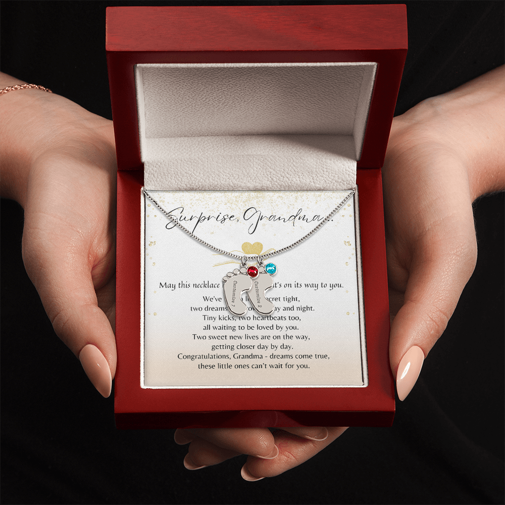 Personalized Engraved Baby Feet Necklace with Birthstone for Grandma-to-Be (2 Charms – Twins Edition) – meaningful gift in wood box with poem card