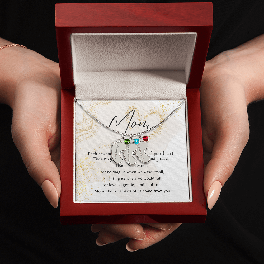 Personalized Engraved Baby Feet Necklace with Birthstone for Mom – A Meaningful Gift of Love | silver chain in wooden box with heartfelt message
