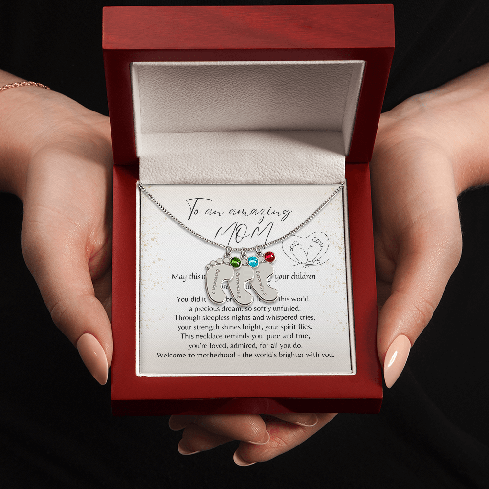 Personalized Engraved Baby Feet Necklace with Birthstone for New Mom (2-4 Charms) – A Meaningful Gift for a New Mom | Stainless Steel or 18k Yellow Gold Finish in wooden box