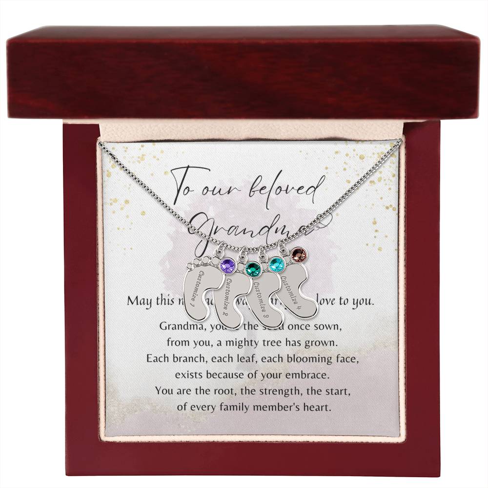 Personalized Engraved Baby Feet Necklace with Birthstone for Grandma (2-4 Charms) – meaningful gift in stainless steel finish displayed in wooden box