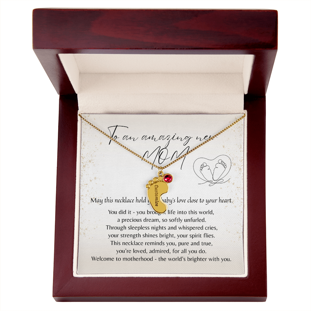 Personalized Engraved Baby Feet Necklace with Birthstone for New Mom – Meaningful jewelry gift in 18k Gold Finish in wooden gift box
