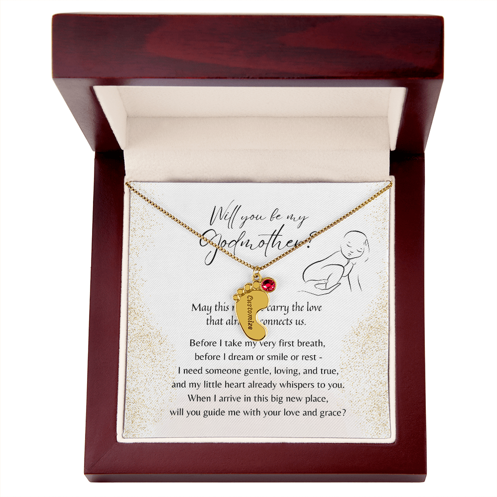 Personalized Engraved Baby Feet Necklace with Birthstone for Godmother Proposal – A Meaningful Godmother Proposal Gift | Stainless Steel or 18K Yellow Gold Fini displayed in wooden gift box with poetic message card.