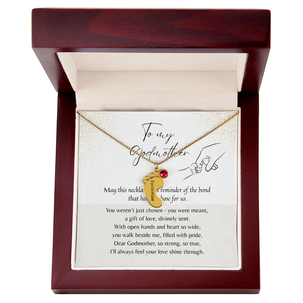 Personalized Engraved Baby Feet Necklace with Birthstone for Godmother Thank You – meaningful jewelry gift in stainless steel or 18k yellow gol