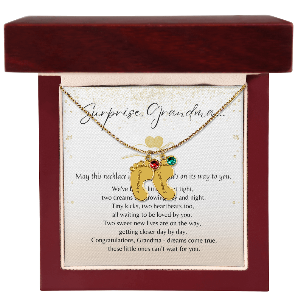 Personalized Engraved Baby Feet Necklace with Birthstone for Grandma-to-Be (2 Charms – Twins Edition) – meaningful jewelry gift in wooden box