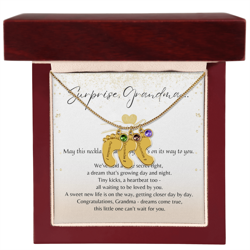 Personalized Engraved Baby Feet Necklace with Birthstone for Grandma-to-Be (1–4 Charms) – stainless gold necklace in gift box with poem card