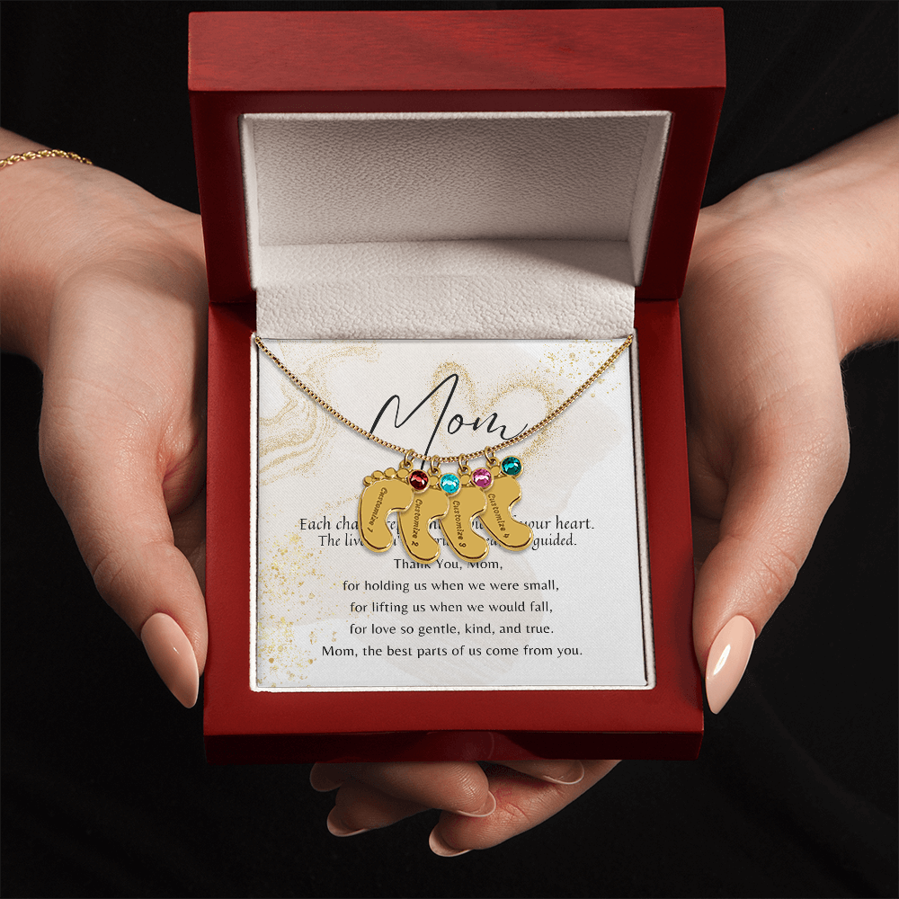 Personalized Engraved Baby Feet Necklace with Birthstone for Mom – A Meaningful Gift of Love | elegant gold finish in red gift box with message card