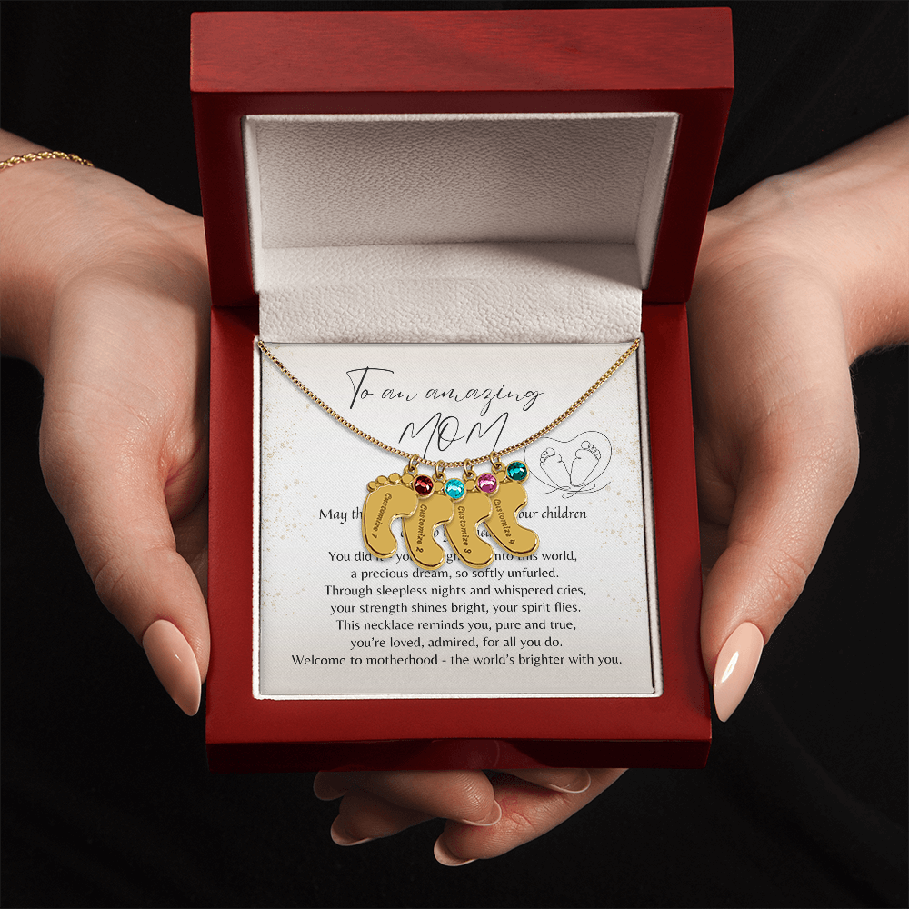 Personalized Engraved Baby Feet Necklace with Birthstone for New Mom (2-4 Charms) – meaningful gift in gold or stainless steel finish