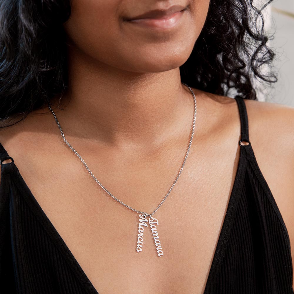 Vertical Multiple Name Necklace for Mom (1–4 Charms) – A Meaningful Gift of Love | Silver stainless steel necklace worn on neck with two vertical name charms