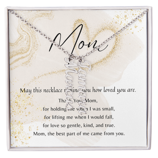 Vertical Multiple Name Necklace for Mom (1–4 Charms) – A Meaningful Gift of Love | silver chain with personalized name charms in gift box with poem