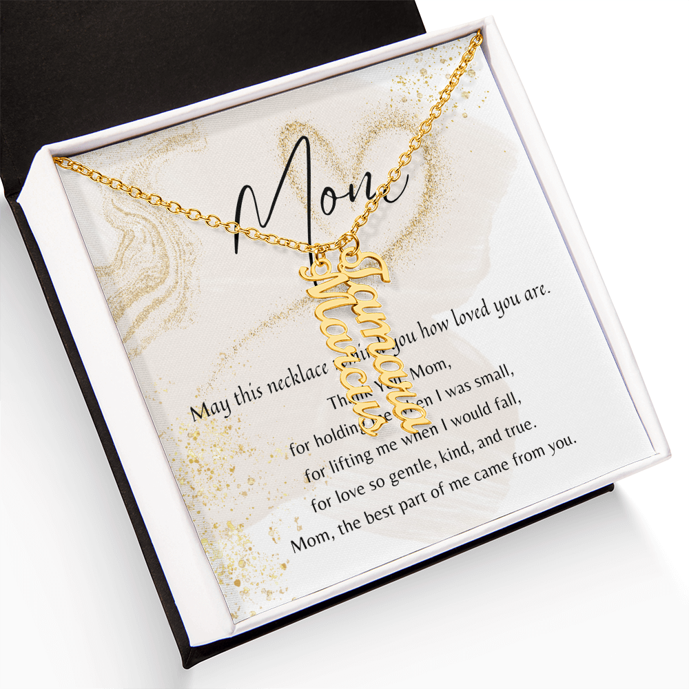 Vertical Multiple Name Necklace for Mom (1–4 Charms) – A Meaningful Gift of Love | gold finish necklace in gift box with personalized name charms