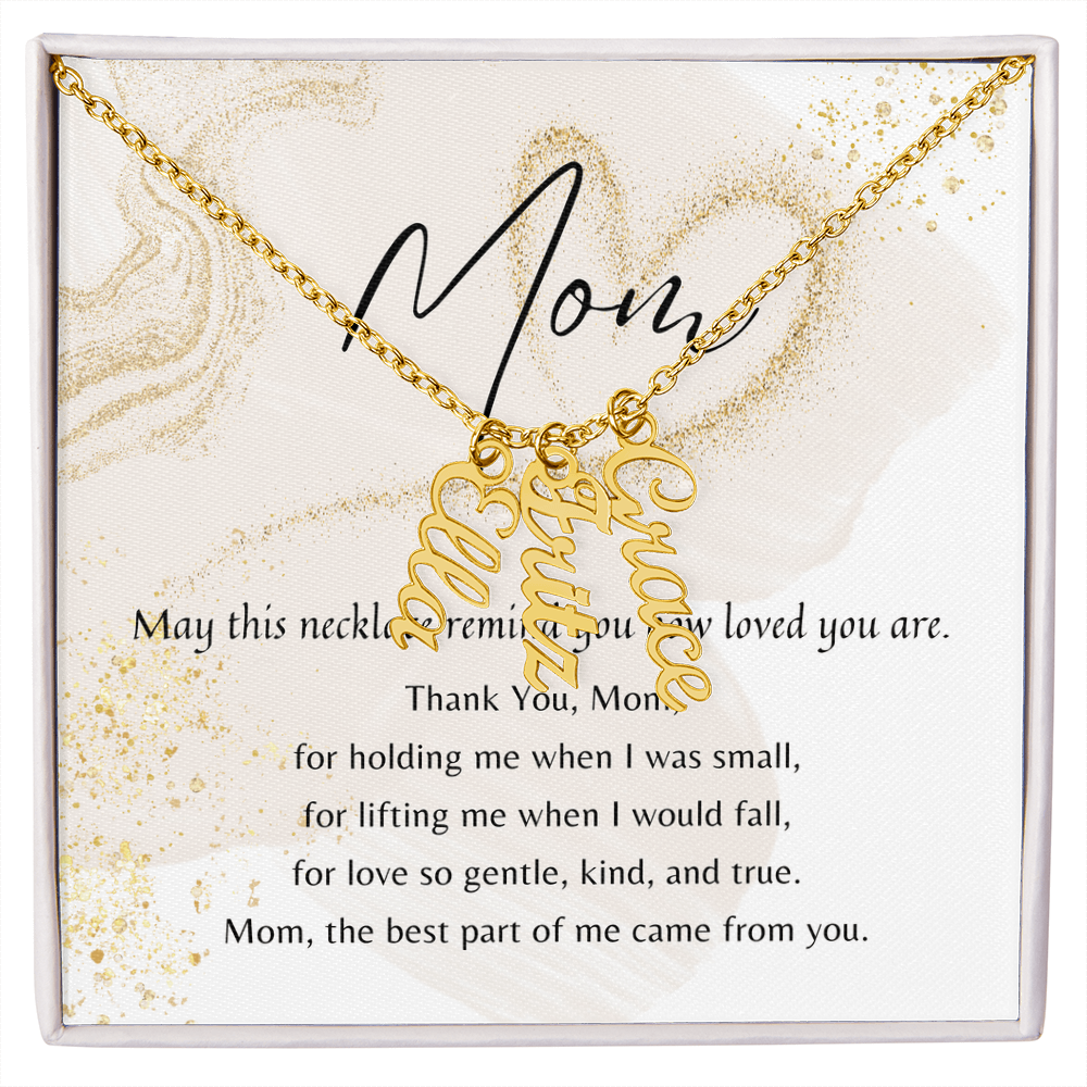 Vertical Multiple Name Necklace for Mom (1–4 Charms) – A Meaningful Gift of Love | gold necklace with four name charms on gift card with poem