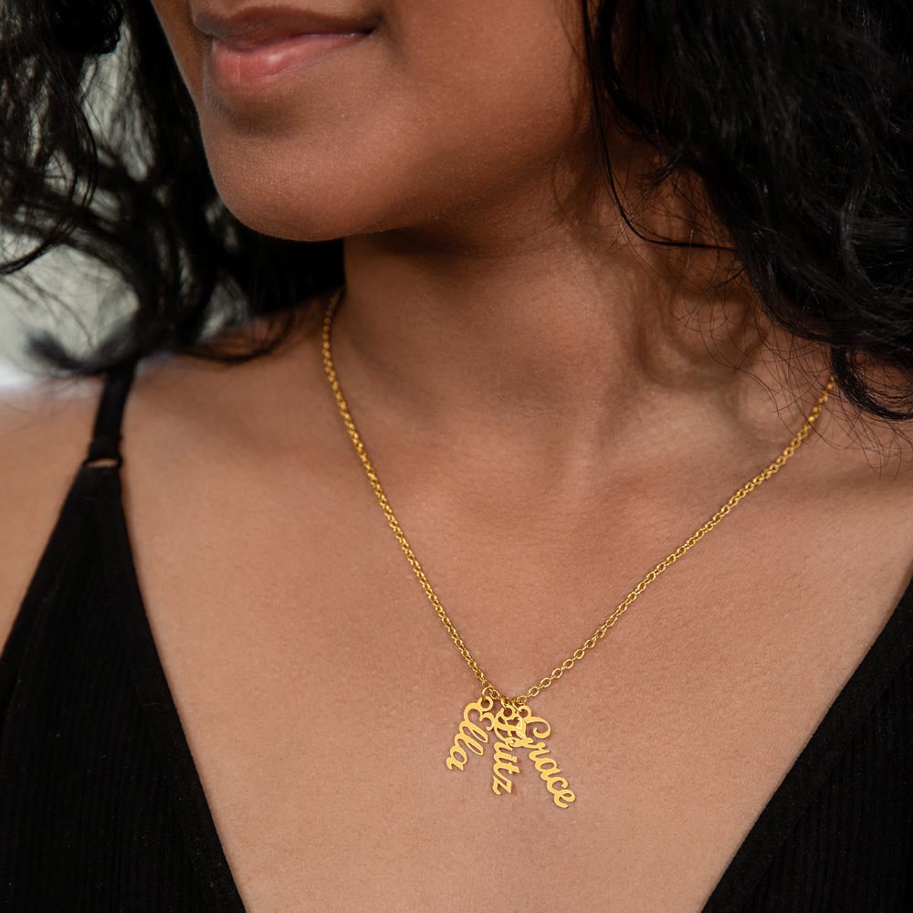 Vertical Multiple Name Necklace for Mom (1–4 Charms) – A Meaningful Gift of Love | 18k yellow gold finish with three name charms worn on woman