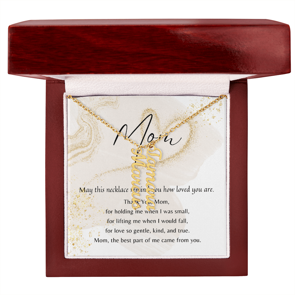 Vertical Multiple Name Necklace for Mom (1–4 Charms) – A Meaningful Gift of Love | gold finish necklace with three vertical name charms in wooden gift box