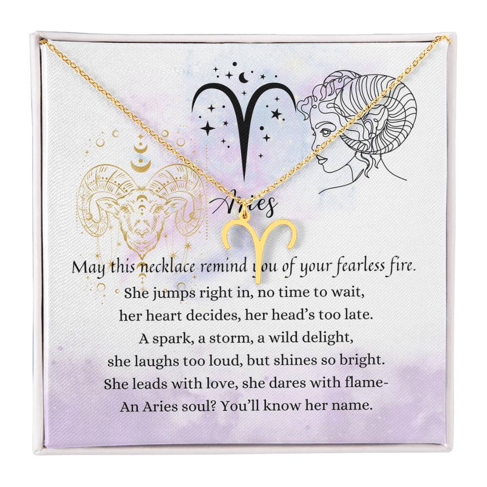Aries Zodiac Symbol Necklace for Girls – A Meaningful Gift for an Aries Girl | Stainless Steel or 18k Yellow Gold Finish displayed with poetic card