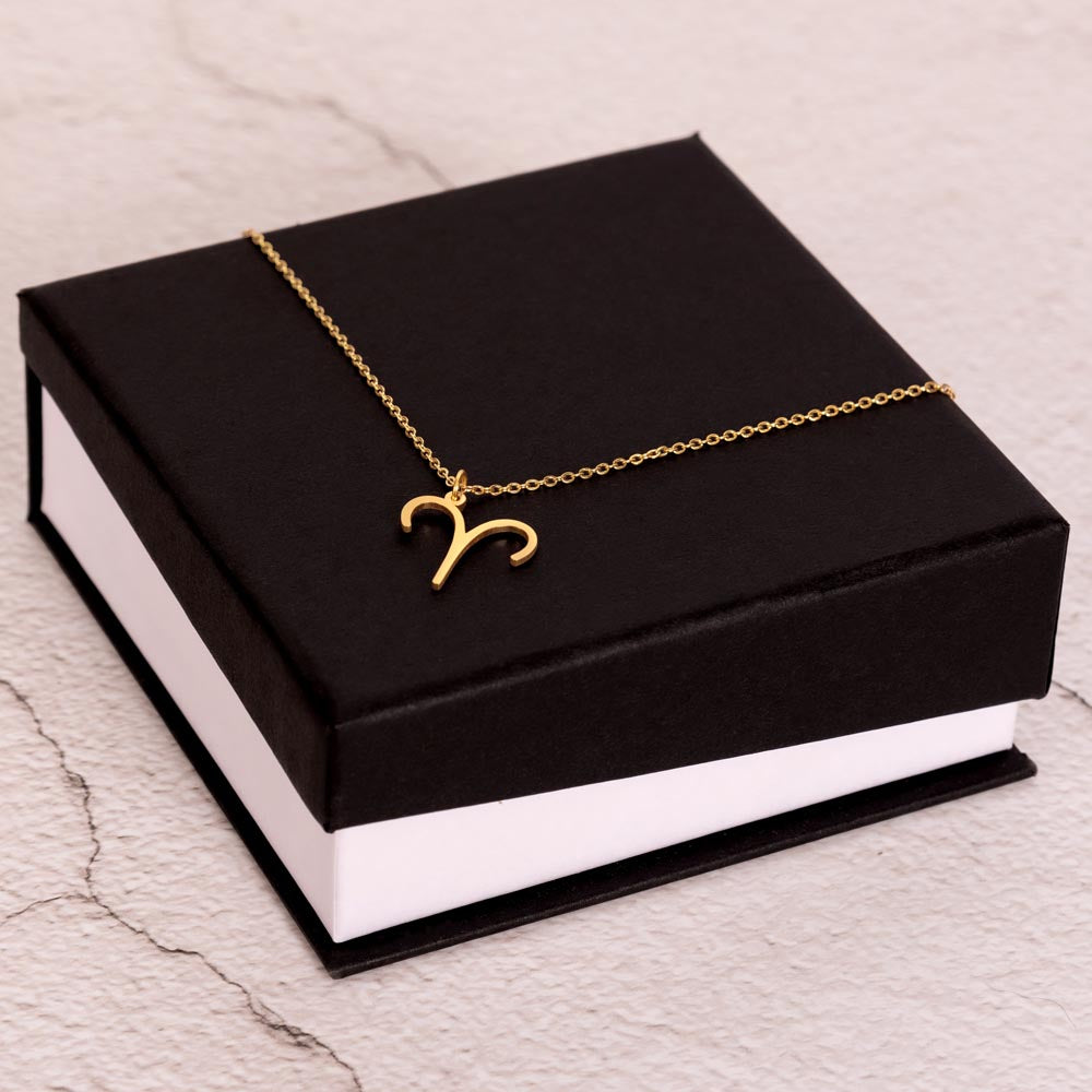 Aries Zodiac Symbol Necklace for Girls – A Meaningful Gift for an Aries Girl | Gold finish pendant on chain in black and white gift box