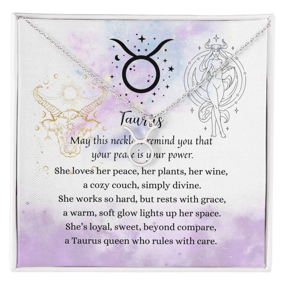 Taurus Zodiac Necklace for Women – Astrology Gift with silver pendant displayed over poetic card in soft pastel purple hues