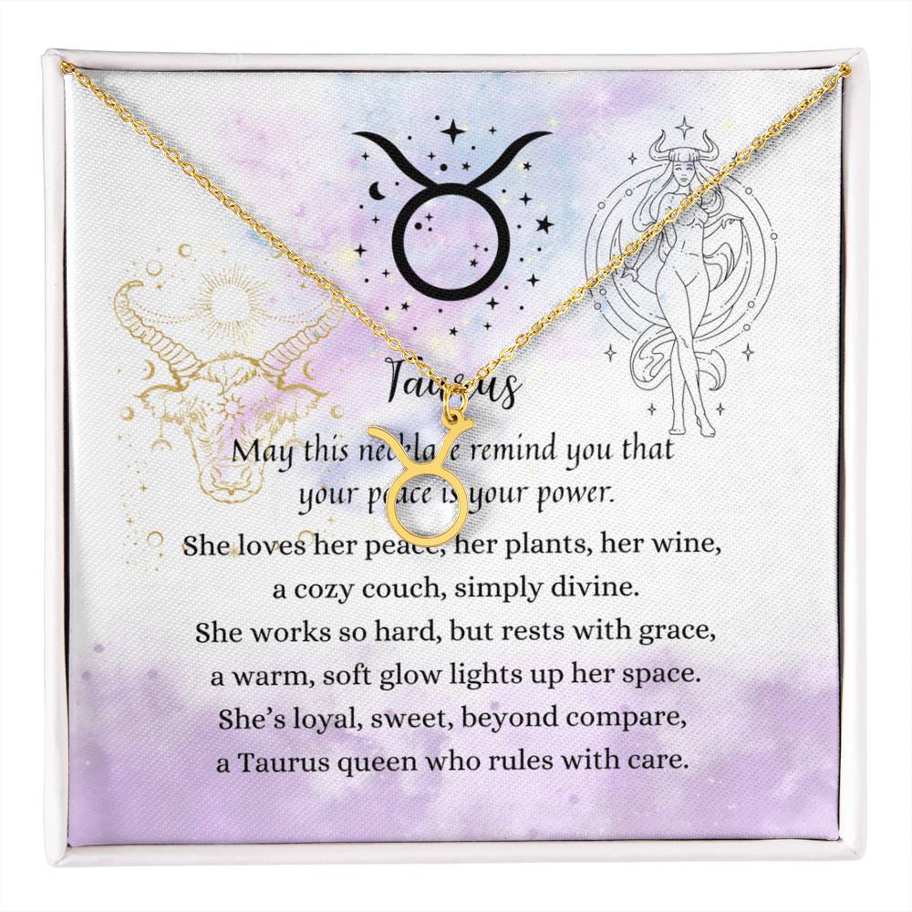 Taurus Zodiac Necklace for Women – Astrology Gift featuring a gold crescent pendant with poetic Taurus card in lavender hues