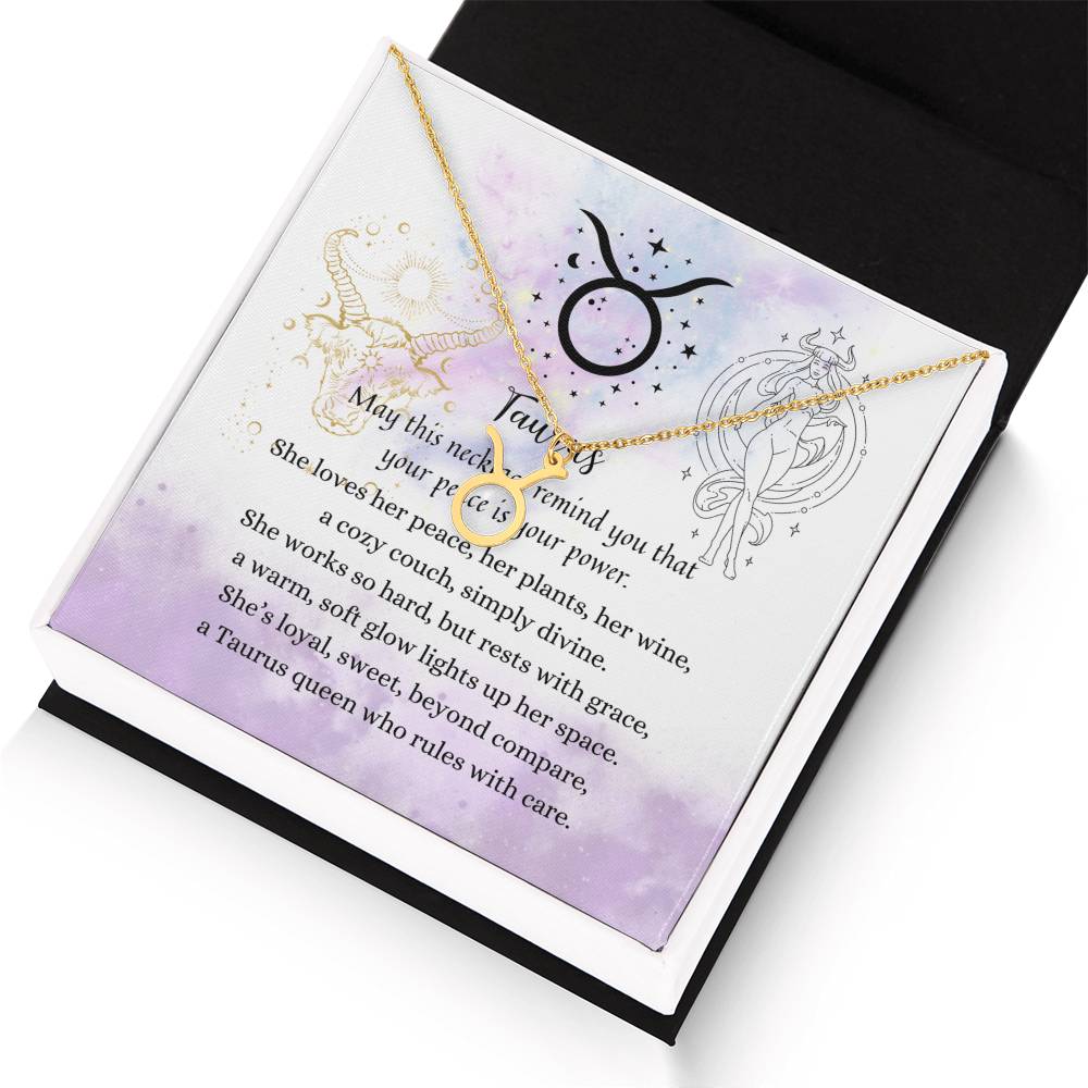 Taurus Zodiac Necklace for Women – Astrology Gift with gold pendant on fine chain displayed over poetic card in black box